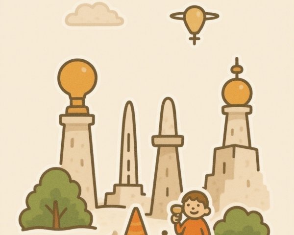 Child with Ice Cream Cone and Whimsical Monuments