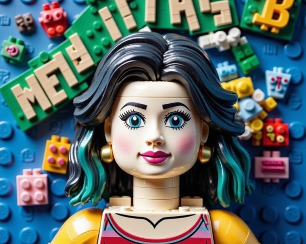 Close-up of a Lego minifigure with teal-streaked hair