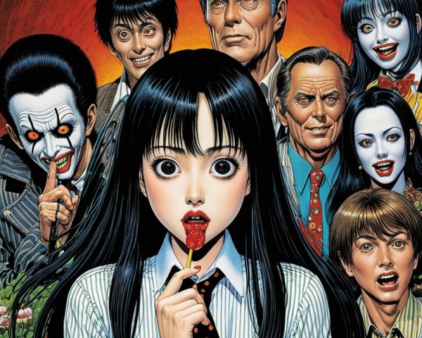 Stylized Portrait of Girl with Lollipop and Eerie Characters