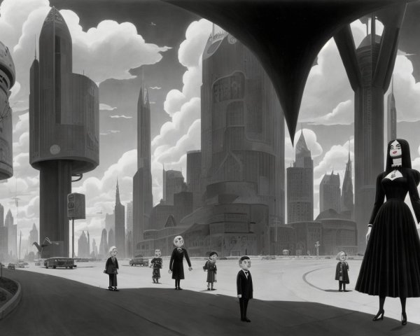 Futuristic Black-and-White Cityscape with Figures