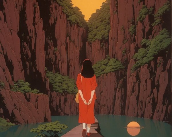 Young girl in red dress by tranquil water and cliffs