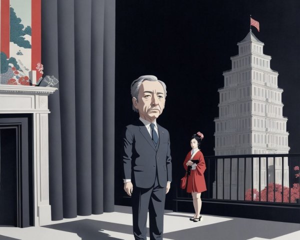 Stylized urban scene with figures in contrasting attire
