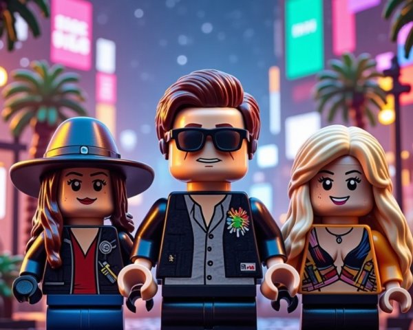 Lego Figures in Neon Cityscape with Rainy Street