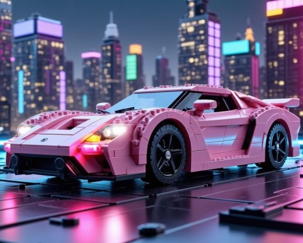 Pink Lego Supercar on Dark Reflective Road at Night
