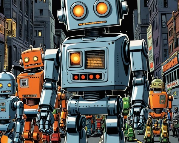 Colorful Robots Marching in a Nighttime City Scene