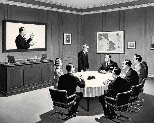 Black-and-white illustration of a formal meeting room