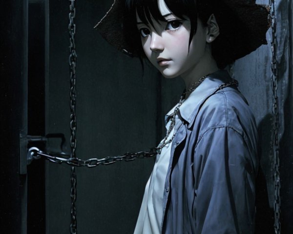 Young figure in dim light with hat and chains backdrop