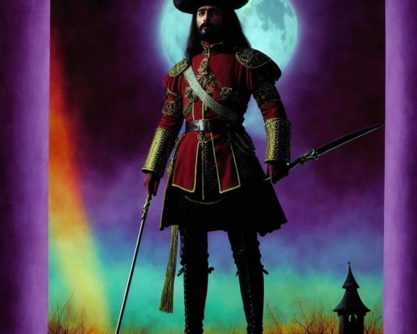 Ornate Uniformed Figure Against Glowing Moon Scene