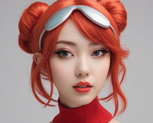 Close-up of a woman with orange hair and dramatic makeup