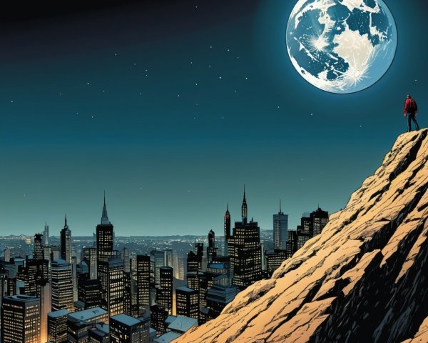 Cliffside View of City Lights and Full Moon Night