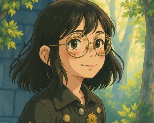 Young girl in dark coat in a sunlit forest setting