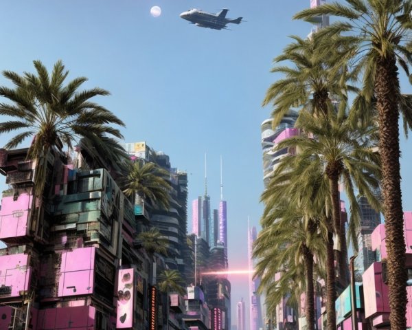 Futuristic cityscape with vibrant colors and spacecraft