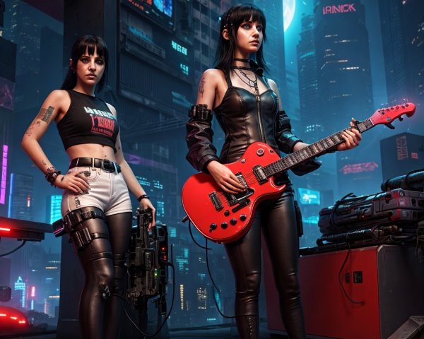 Cyberpunk Urban Scene with Stylized Female Figures