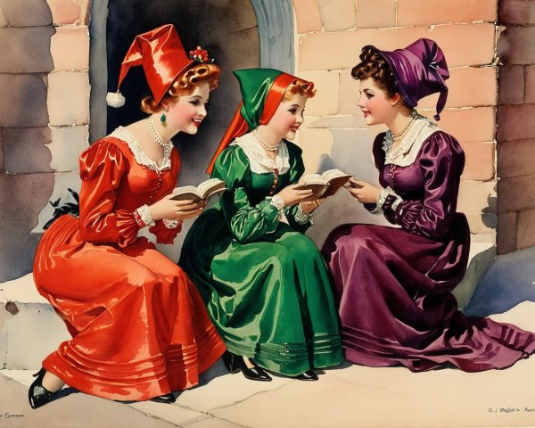 Watercolor Depiction of Three Women in Colorful Gowns