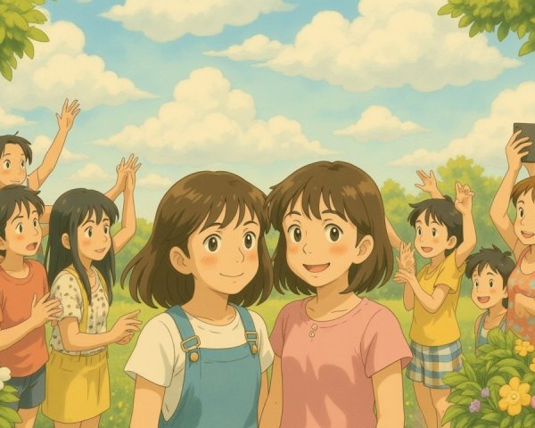 Bright Park Scene with Friends and Nature Activities