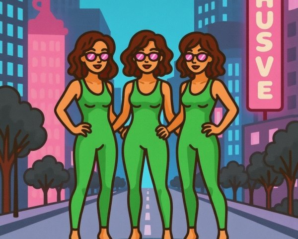 Three Animated Women in Green Bodysuits on City Street