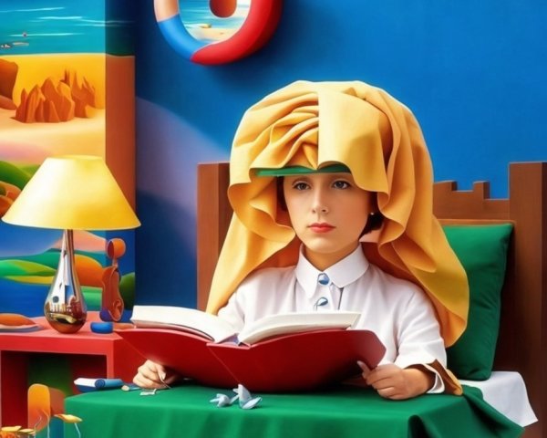 Surreal Room with Child Reading and Colorful Decor
