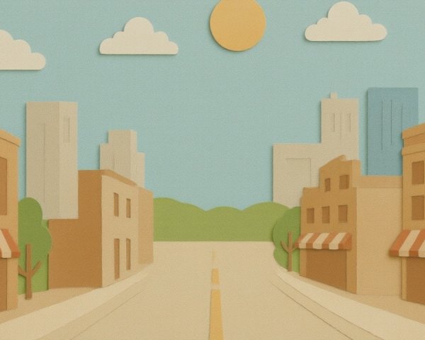 Vibrant Paper-Cut Cityscape with Blue Sky and Sun