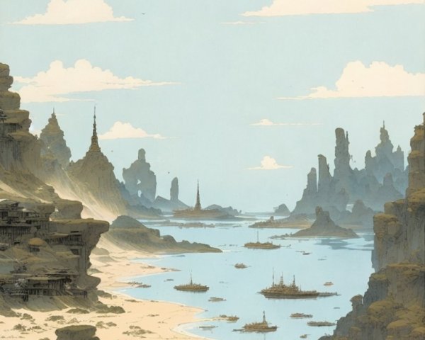 Serene Landscape with Rock Formations and Water