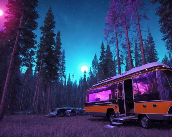 Retro camper van in a forest under a starry sky