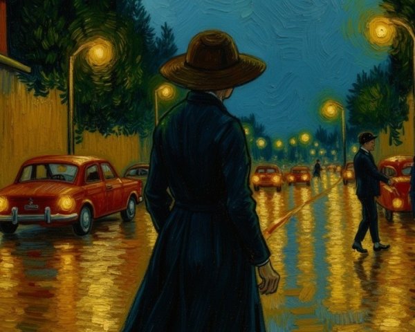 Rainy Street Scene with Reflections and Figures