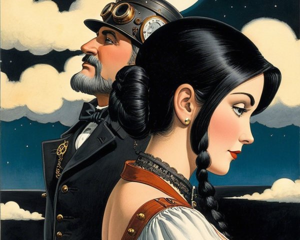 Steampunk Couple Against Moonlit Sky Background