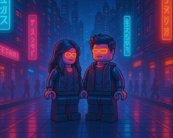Lego Figures in Neon Cityscape at Night