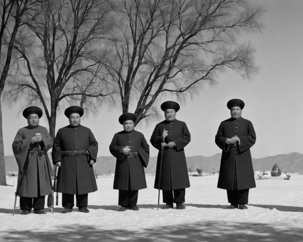 Monochrome Photo of Men in Coats in Snowy Landscape