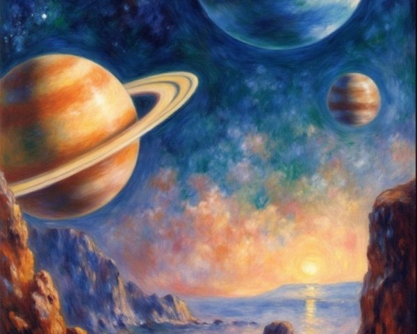 Vivid Cosmic Landscape with Planets and Sunset