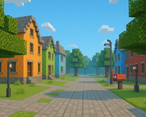 Vibrant Pixelated Voxel-Style Streetscape Description