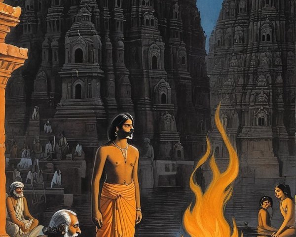 Evening Scene by River with Temples and Fire