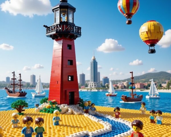 LEGO Scene with Lighthouse, Hot Air Balloons, and Boats