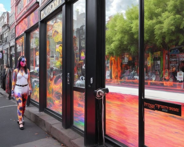 Colorful Bodysuit and Vibrant Storefront Scene