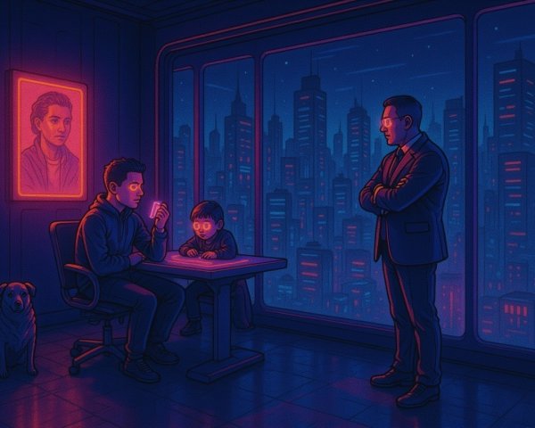 Man in Suit Observing Boy and Teen in Dim Room