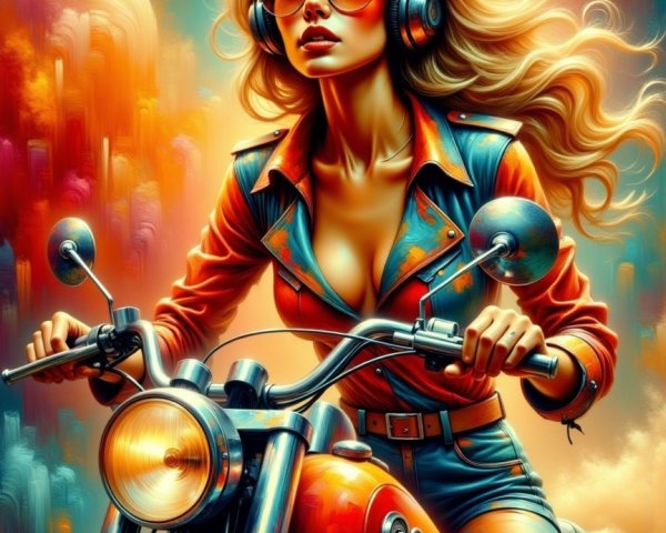 Stylish Woman on Motorcycle in Retro Pop Art Style