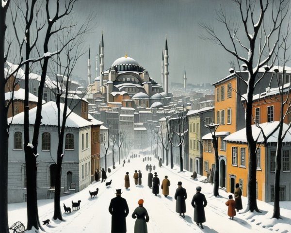Winter Scene in Historic City with Mosque and Cats