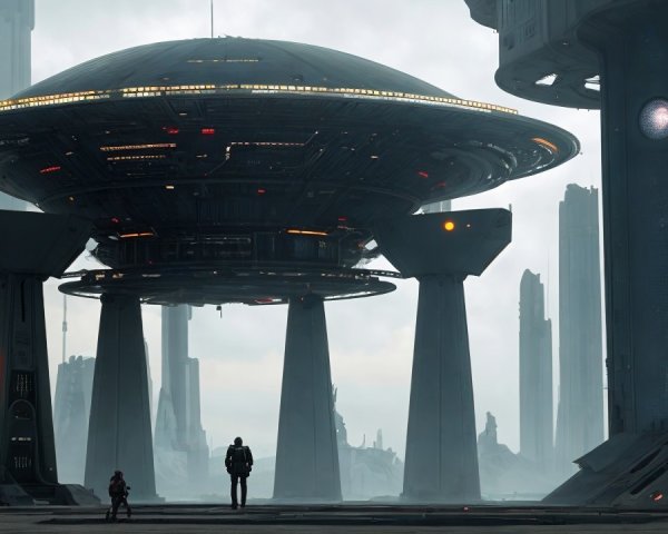Futuristic landscape with sleek spaceship and figures
