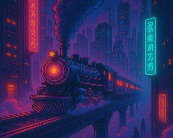 Vintage Steam Locomotive in Futuristic Cityscape