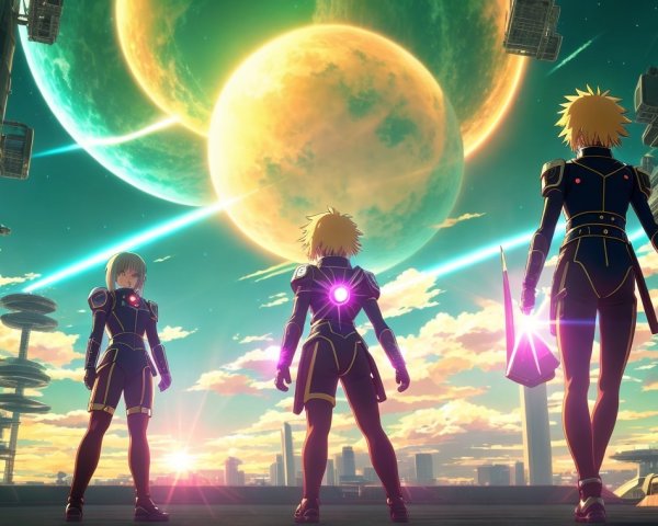 Futuristic Characters in Cosmic Landscape with Planets