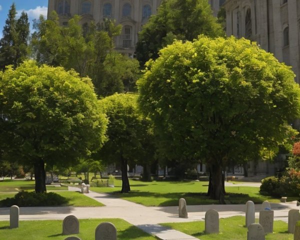 Serene garden scene with gravestones and greenery