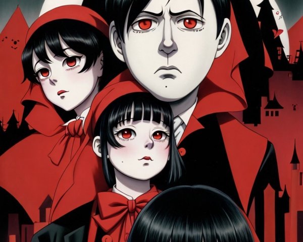 Gothic Illustration of Characters with Pale Skin and Red Accents