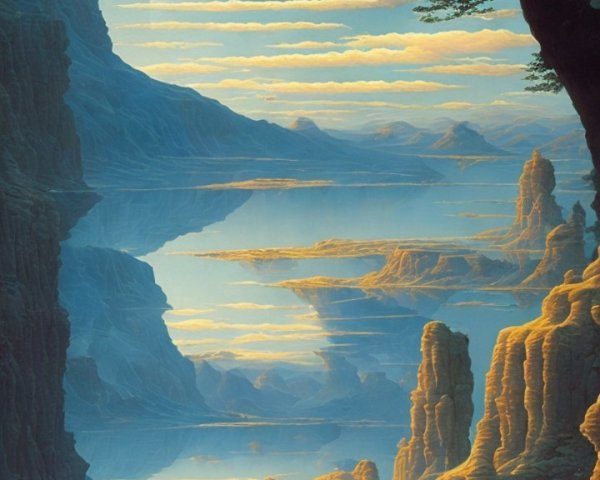 Serene Landscape with Figures and Otherworldly Vista