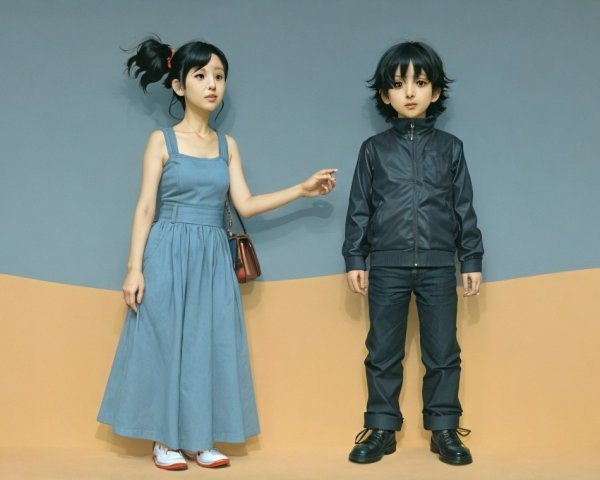 Girl in Blue Dress and Boy in Dark Jacket Portrait