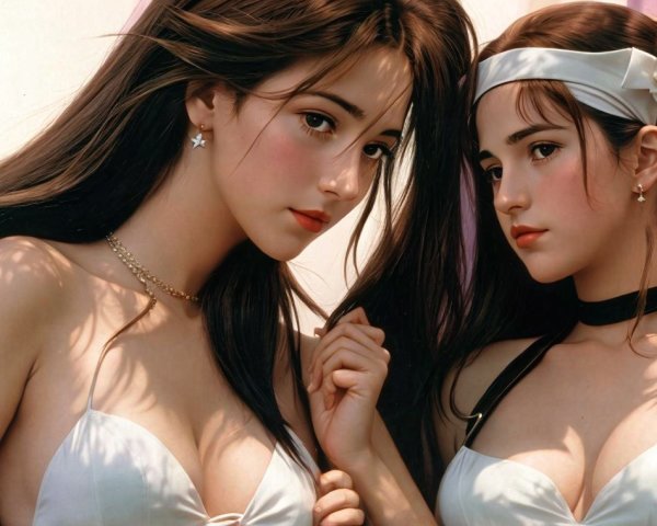 Two Women in Elegant White Outfits with Flowing Hair