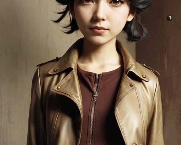 Young Woman in Brown Leather Jacket and Hat