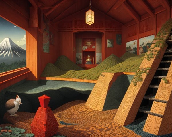 Wood-paneled room with moss hills and traditional art