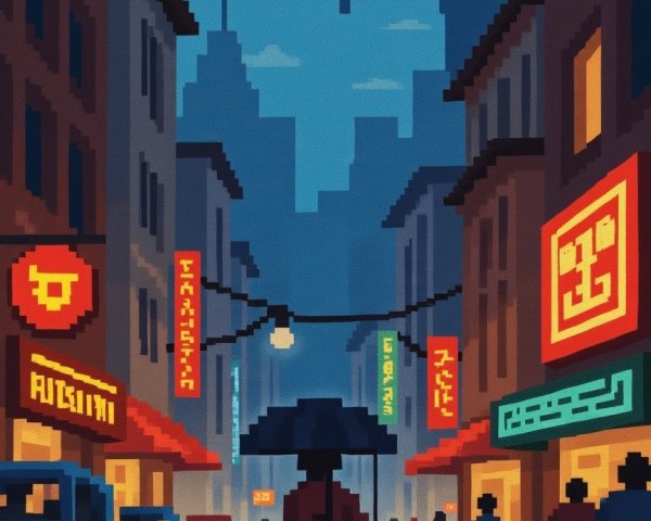 Vibrant Pixel Art Urban Street Scene at Dusk