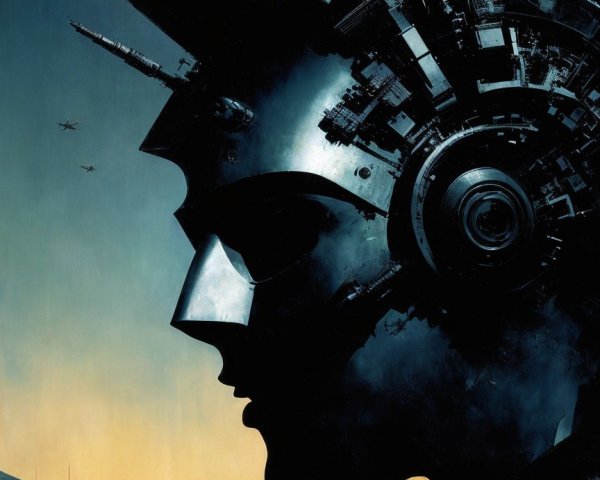 Robotic Figure Profile Against Futuristic Cityscape