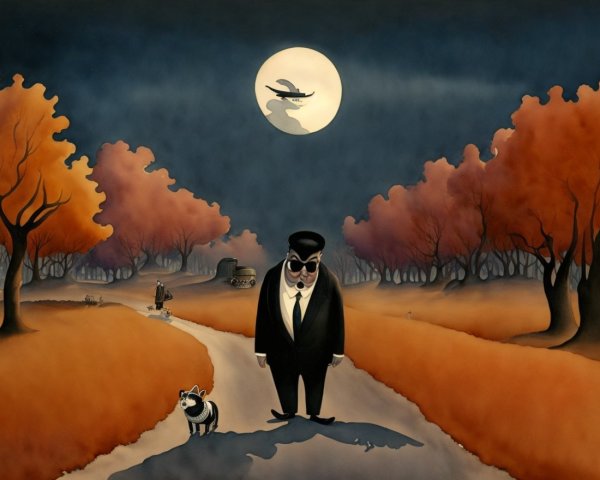 Surreal Autumn Scene with Man and Dog Under Moon