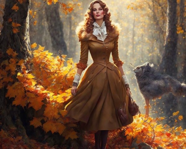 Vintage Dress and Wolf in Autumn Forest Scene